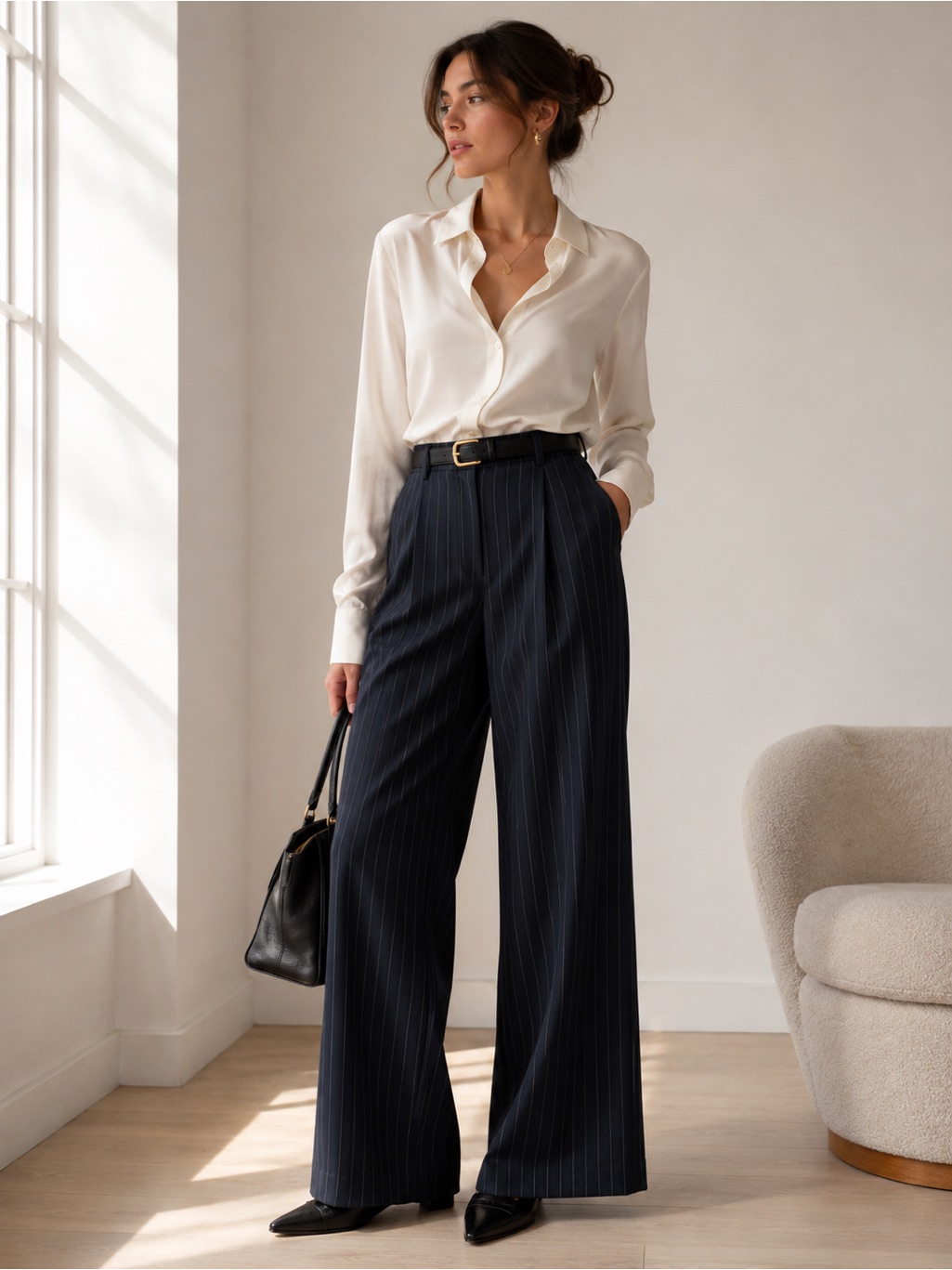 Armani Collezioni Cashmere Pinstripe Wide Leg Trousers Italy 42 Luxury